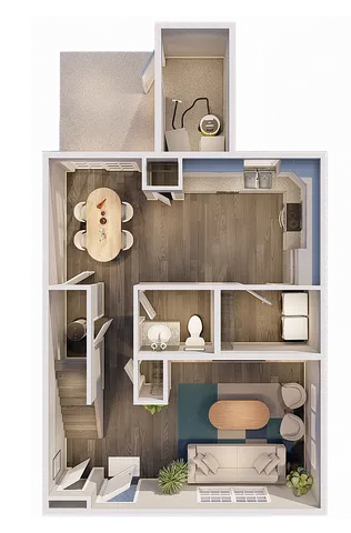 Modern 3D floor plan showcasing an open kitchen, a cozy living area, and a spacious dining room with one bathroom.