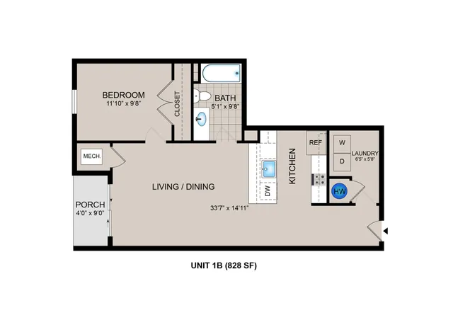 Chic 1-bedroom apartment floor plan featuring spacious living and dining area, modern kitchen with laundry, and cozy porch, totaling 828 square feet.