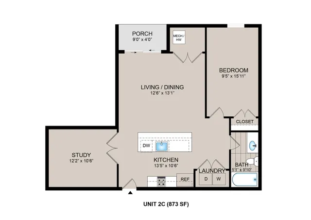Sleek floor plan for Unit 2C featuring a versatile bedroom, dedicated study, spacious living and dining area, modern kitchen, and convenient porch in 873 sq ft.