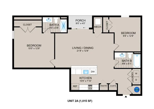 Inviting 2D floor plan of Unit 2A showcasing 2 bedrooms, open living and dining area, modern kitchen, 2 bathrooms, and cozy porch in 1,015 sq ft.
