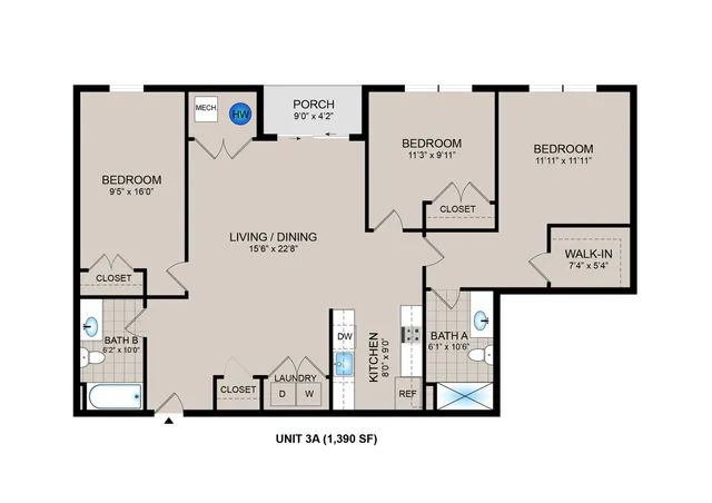 Contemporary floor plan of Unit 3A featuring 3 bedrooms, spacious living/dining area, modern kitchen, and two bathrooms, totaling 1,390 sq ft.