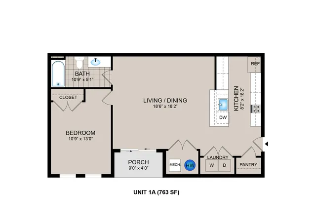 Efficient 763 sq ft floor plan featuring a spacious living and dining area, modern kitchen with pantry, one bedroom, and a cozy porch in Unit 1A.
