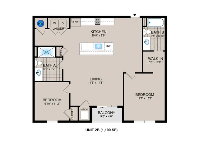 Contemporary floor plan for Unit 2B, 1,100 sq ft, featuring 2 bedrooms, a spacious living area, modern kitchen with island, convenient laundry, and a cozy balcony.