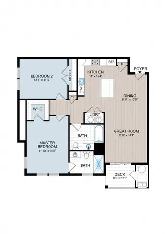 Elegant floor plan showcasing 2 spacious bedrooms, open kitchen, and inviting great room. Features a deck, laundry room, and baths.