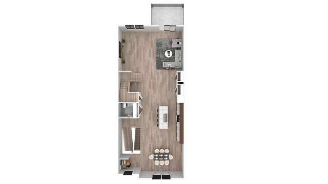 3D floor plan showcasing a spacious open-concept living area with a modern kitchen and seating zone.