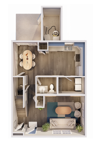 Stylish floor plan featuring an open-concept kitchen, dining area, and cozy living room, with a bathroom and utility space.