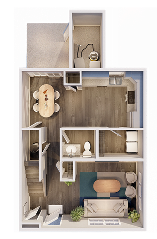 Stylish floor plan featuring a spacious open-concept living area, modern kitchen, and a cozy nook.