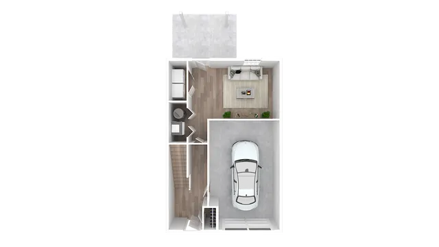 Modern floor plan showcasing an integrated garage, elegant living space, and compact restroom, perfect for contemporary living.