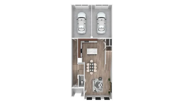 Elegant 3D floor plan showcasing a modern open-concept layout with a dual car garage, contemporary kitchen, spacious dining area, and a stylish living room.