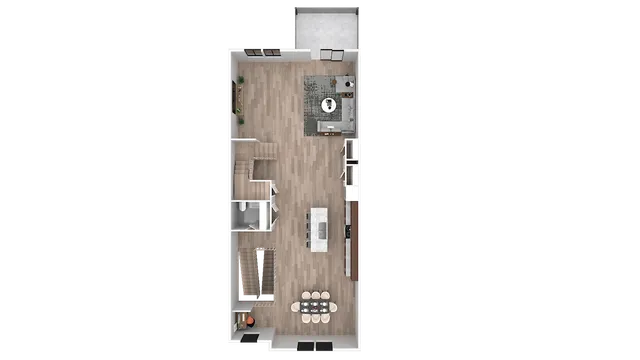 Modern open-floor plan featuring a spacious living area, sleek kitchen with island, dining space, and cozy sitting area.