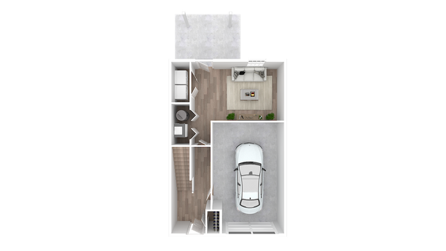 Contemporary floor plan displaying a single-car garage, home office, and chic living area with elegant flooring.