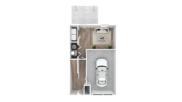 Modern floor plan featuring a sleek living area, compact bathroom, and secure garage space with car.