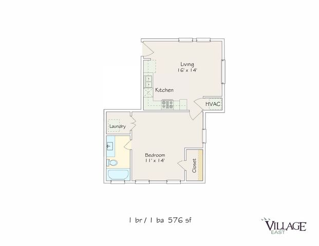 Inviting 1-bedroom, 1-bathroom floor plan with a compact kitchen and spacious living area at Village East.