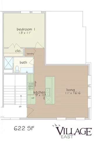 Village East floor plan with 1 bedroom, spacious living area, and modern kitchen layout, 622 sq ft.