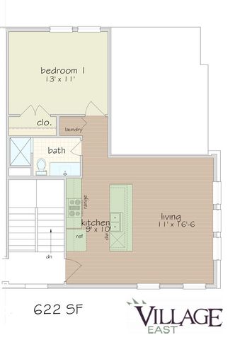 Village East floor plan displaying a 622 SF layout with one bedroom, kitchen, bath, and living area.