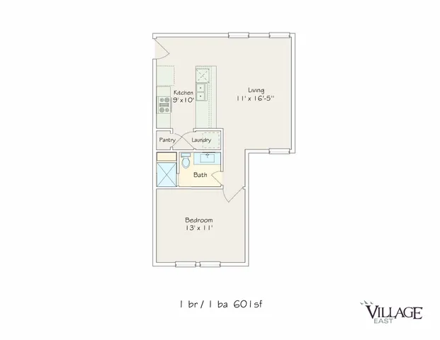 Elegant 1-bedroom floor plan with a living area, kitchen, pantry, and laundry space, covering 601 sq ft.
