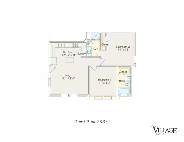 Detailed floor plan featuring 2 bedrooms, open living area, kitchen, and 2 bathrooms, totaling 798 sq ft.