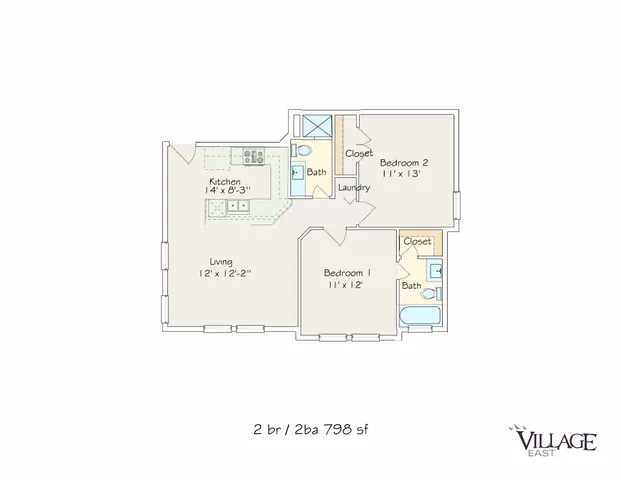 Thoughtfully designed floor plan of Village East featuring 2 bedrooms, 2 bathrooms, open living space, and modern kitchen.