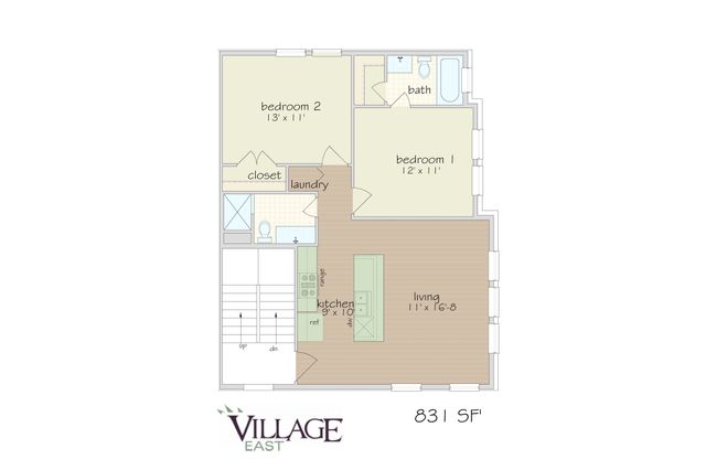 Detailed floor plan of Village East apartment featuring two bedrooms, a stylish kitchen, a spacious living area, and a bathroom.