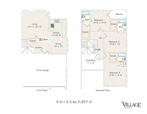 Detailed floor plan of a large home with 3 bedrooms, 3.5 bathrooms, open living areas, and a 3-car garage.