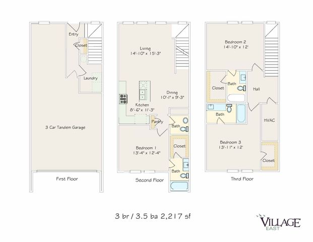 Inviting 3D floor plan with three spacious bedrooms, modern kitchen, and ample garage space across three levels.