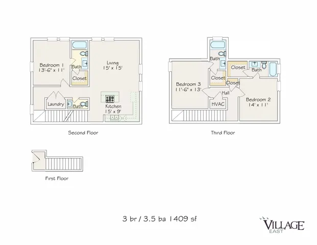 Charming 2D floor plan illustrating three bedrooms, 3.5 baths, and inviting living spaces over two levels, totaling 1409 sq ft.