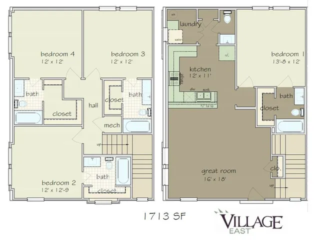 Village East floor plan featuring 4 bedrooms, a large kitchen, great room, and multiple baths over 1713 sq ft.