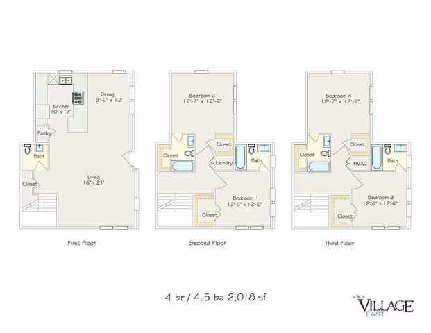 Three-level floor plan highlighting 4 bedrooms, 4.5 bathrooms, and open living space, totaling 2,018 square feet.