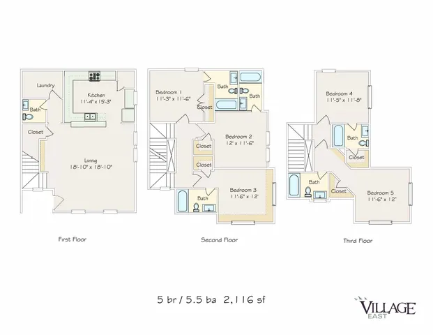 Three-level floor plan displaying 5 bedrooms, 5.5 bathrooms, a modern kitchen, and expansive living space.