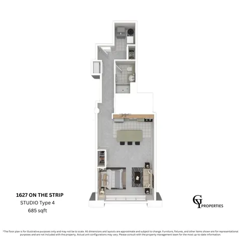 Floor plan of 1627 On The Strip Studio Type 4, 685 sqft with open kitchen, living area, and bathroom.