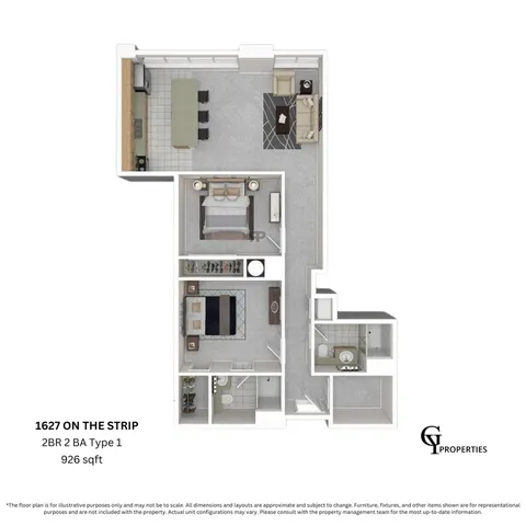 Luxurious 2-bedroom, 2-bathroom apartment floor plan at 1627 On The Strip, spanning 926 sqft, featuring modern kitchen, spacious living room, and elegant layout.