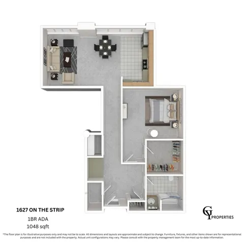 Modern 1-bedroom ADA apartment floor plan, 1048 sqft, featuring open living and dining area, kitchen, and spacious bedroom.