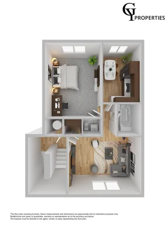 3D floor plan of a one-bedroom apartment with a modern kitchen, living area, and bathroom.