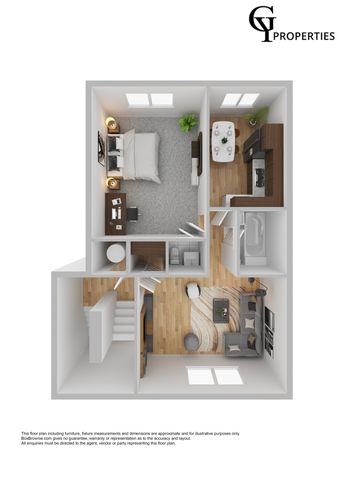 Chic 3D floor plan featuring a bedroom, open living area, and kitchen with modern design elements.