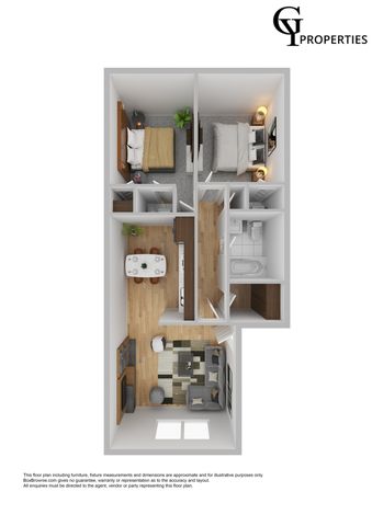 Contemporary 2D floor plan displaying two bedrooms, a stylish open kitchen, living area, and modern bathroom design.