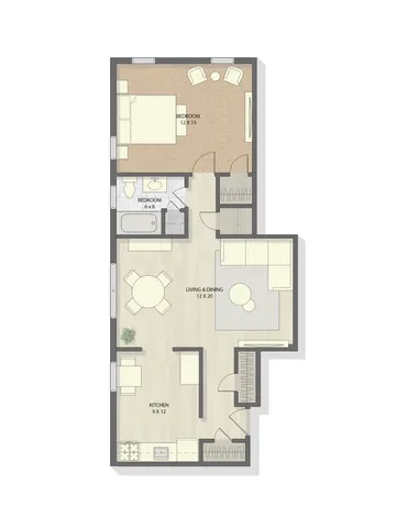 Contemporary 2D floor plan showcasing 2 bedrooms, a combined living and dining area, and a modern kitchen.