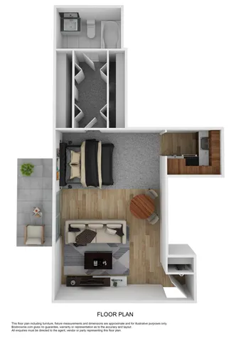 Chic floor plan of a one-bedroom apartment with open living area, modern kitchen, and cozy outdoor patio.