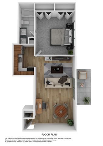 Elegant 3D floor plan displaying a cozy one-bedroom layout with an open living space and a private balcony.