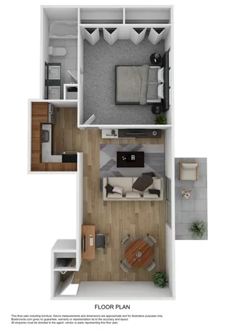 Stylish 3D floor plan of a modern one-bedroom apartment with an open-concept living area and balcony.