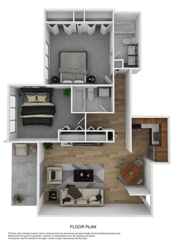 Detailed 2D floor plan showcasing a two-bedroom, two-bathroom apartment with modern living and dining areas.