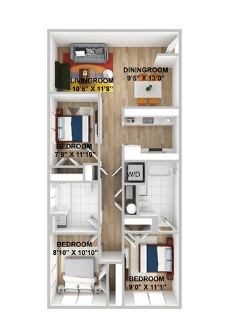 3D floor plan depicting a well-designed apartment with three bedrooms, a living room, dining area, and bath.