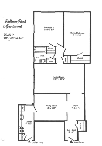 Elegant floor plan of Pelham Park Apartments showcasing a two-bedroom layout with a large living room, dining area, and a functional kitchen.