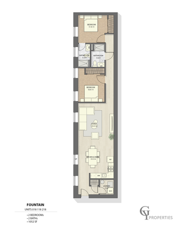 Elegant 2-bedroom, 2-bathroom apartment floor plan with open living and kitchen area.
