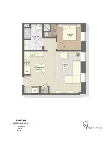 Efficient floor plan for a 1-bedroom apartment with kitchen, dining area, living room, and bathroom.