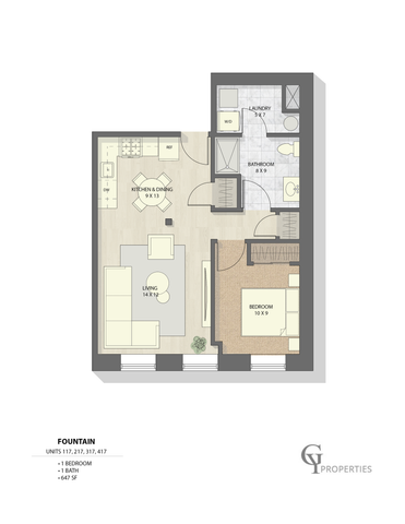 Sleek 1-bedroom floor plan featuring an open kitchen, cozy living area, and modern bathroom.