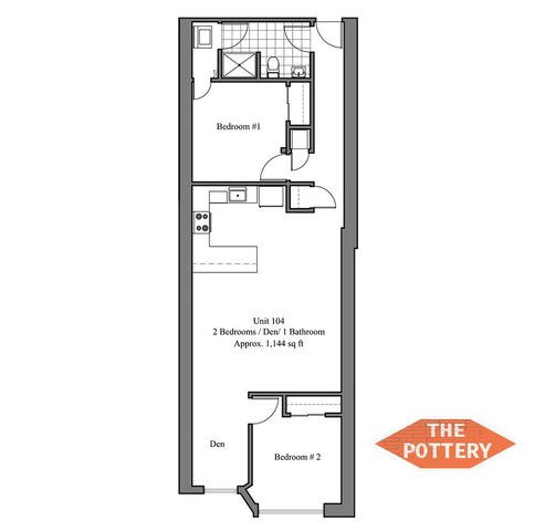 Innovative floor plan for Unit 104 featuring 2 bedrooms, a den, and 1 bathroom at The Pottery.