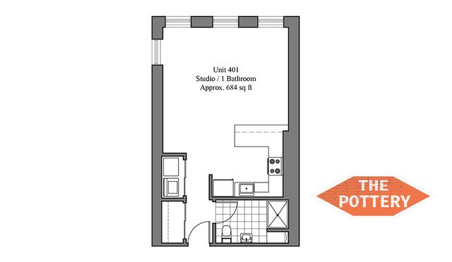 Contemporary studio floor plan featuring an open layout with a bathroom and kitchen, approximately 684 sq ft.
