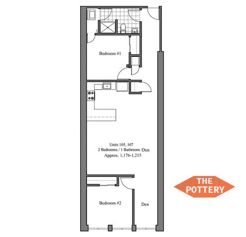 Detailed floor plan of The Pottery units 105 and 107, featuring 2 bedrooms, 1 bathroom, a den, and kitchen.