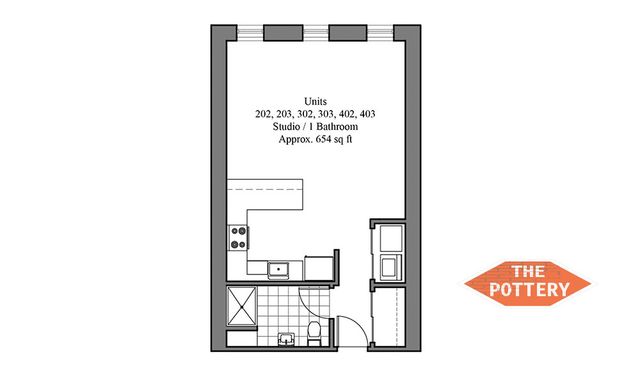 Detailed floor plan of The Pottery Studio with a spacious layout including a kitchen and bathroom.