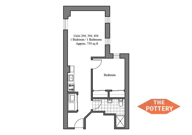 Efficient 2D floor plan for The Pottery featuring 1 bedroom, 1 bathroom, and a streamlined kitchen layout.